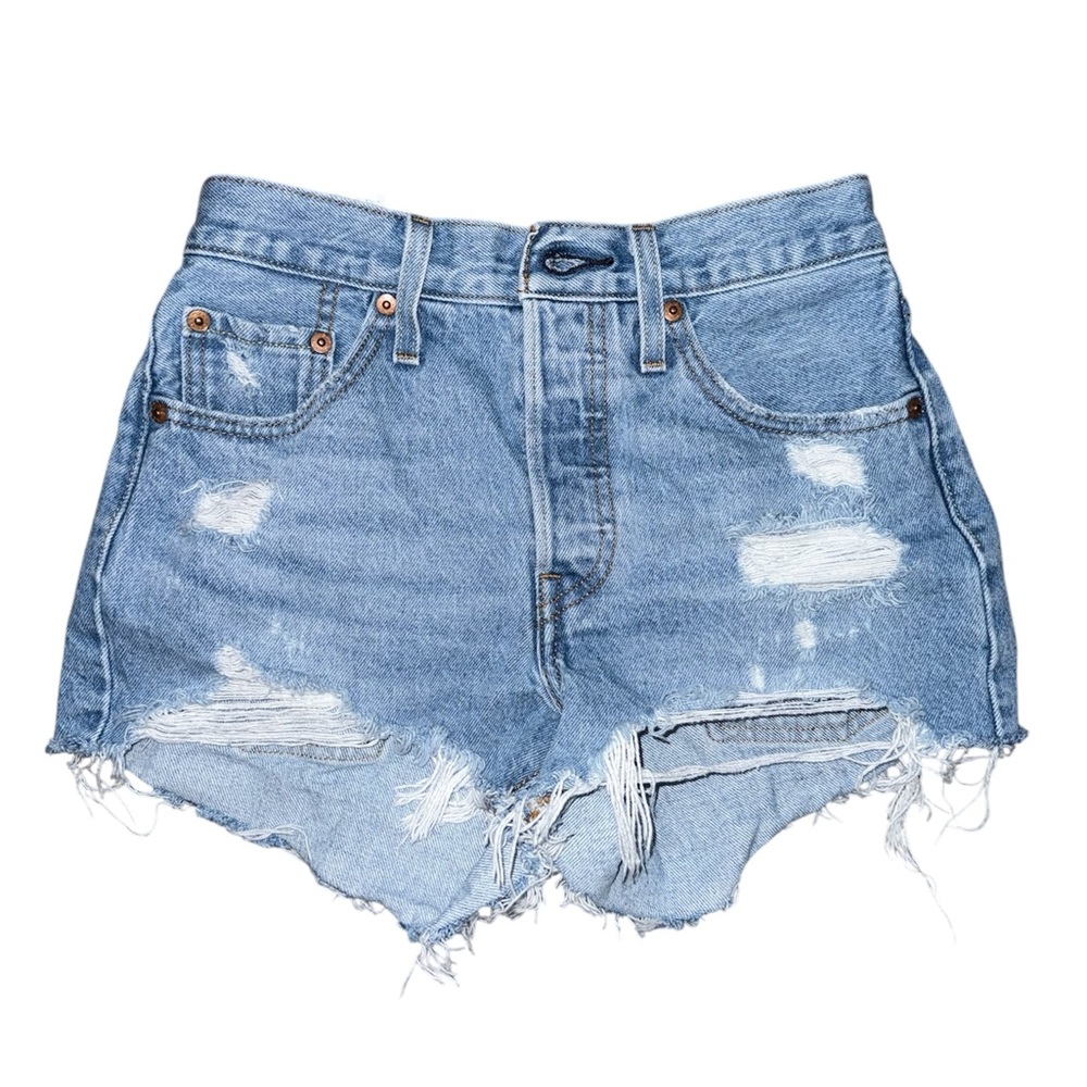 Levi's Light Blue Distressed Jean Shorts 501 - Picture 2 of 5